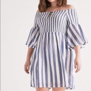 Lucky Brand Striped Blue and White Bell Sleeve Smocked Dress 2X